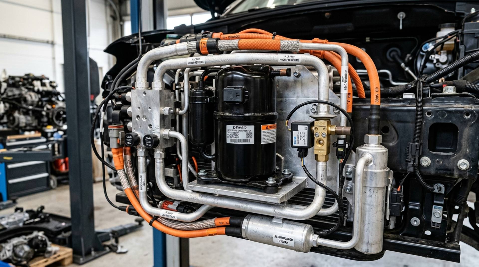 Wärmepumpen-Aggregat und Hochvolt-Klimakompressor eines Elektroautos in der Werkstatt