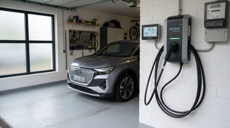 Wallbox mit Smart Meter Steuerung nach Paragraf 14a EnWG in moderner Garage