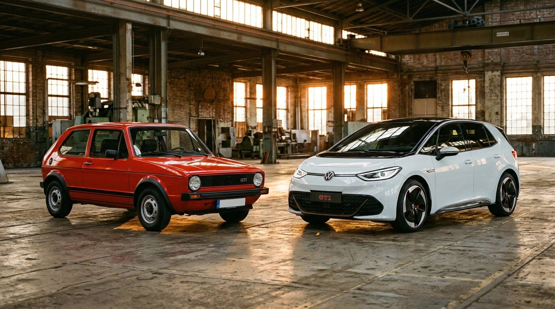 Volkswagen Golf 1 GTI von 1976 neben dem neuen Elektro-ID.3 GTI