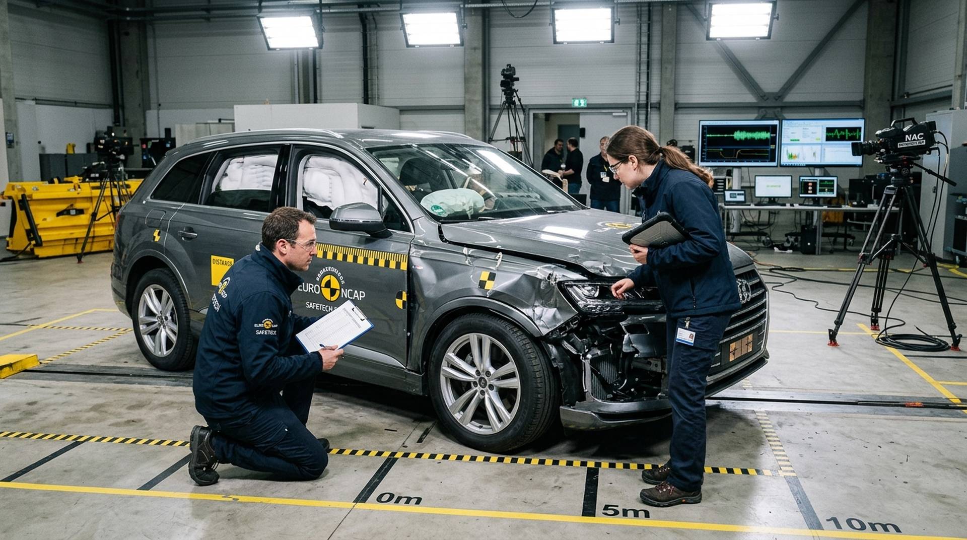 Ingenieure untersuchen die Karosseriestruktur eines Audi Q7 im Euro NCAP Crashtest-Labor