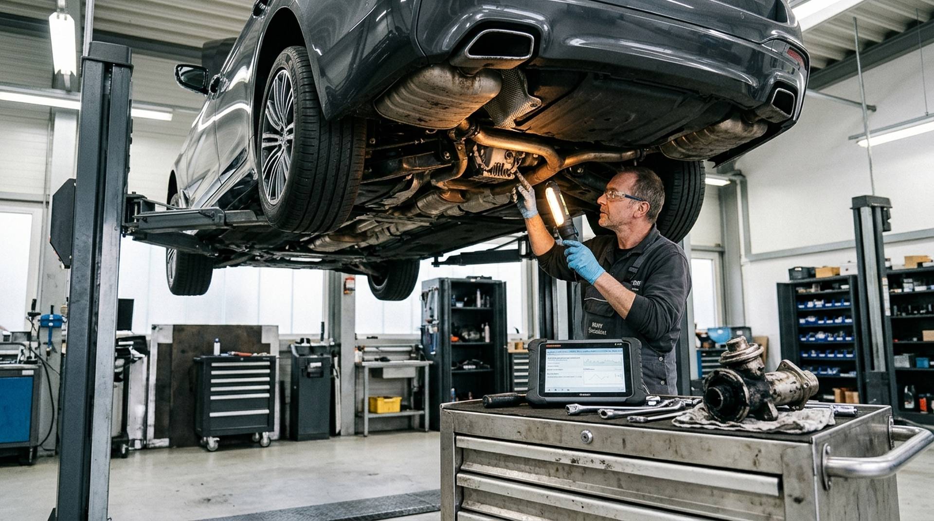BMW 5er Touring auf der Hebebühne bei der AdBlue- und Abgasanlagen-Diagnose