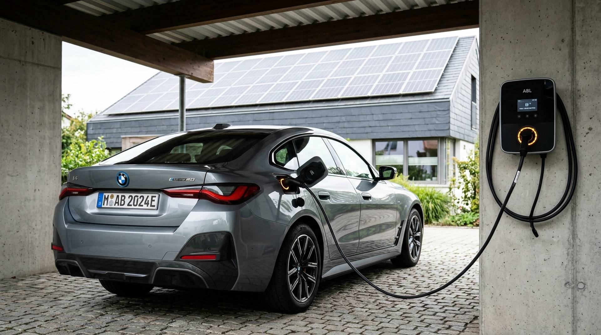 BMW Elektrofahrzeug beim solaren PV-Überschussladen an einer modernen Wallbox im Carport