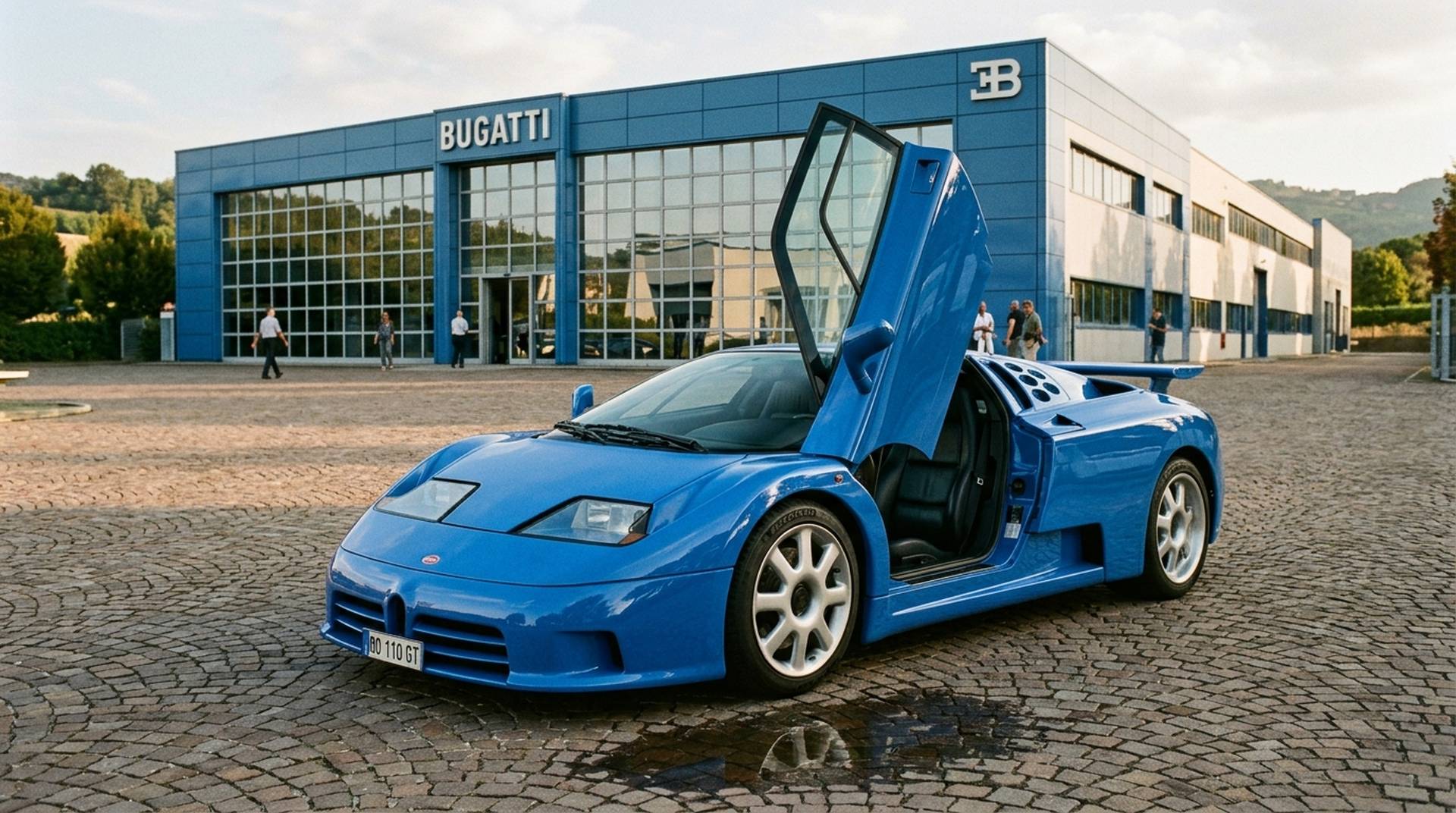 Bugatti EB 110 GT in French Racing Blue vor der Fabbrica Blu in Campogalliano