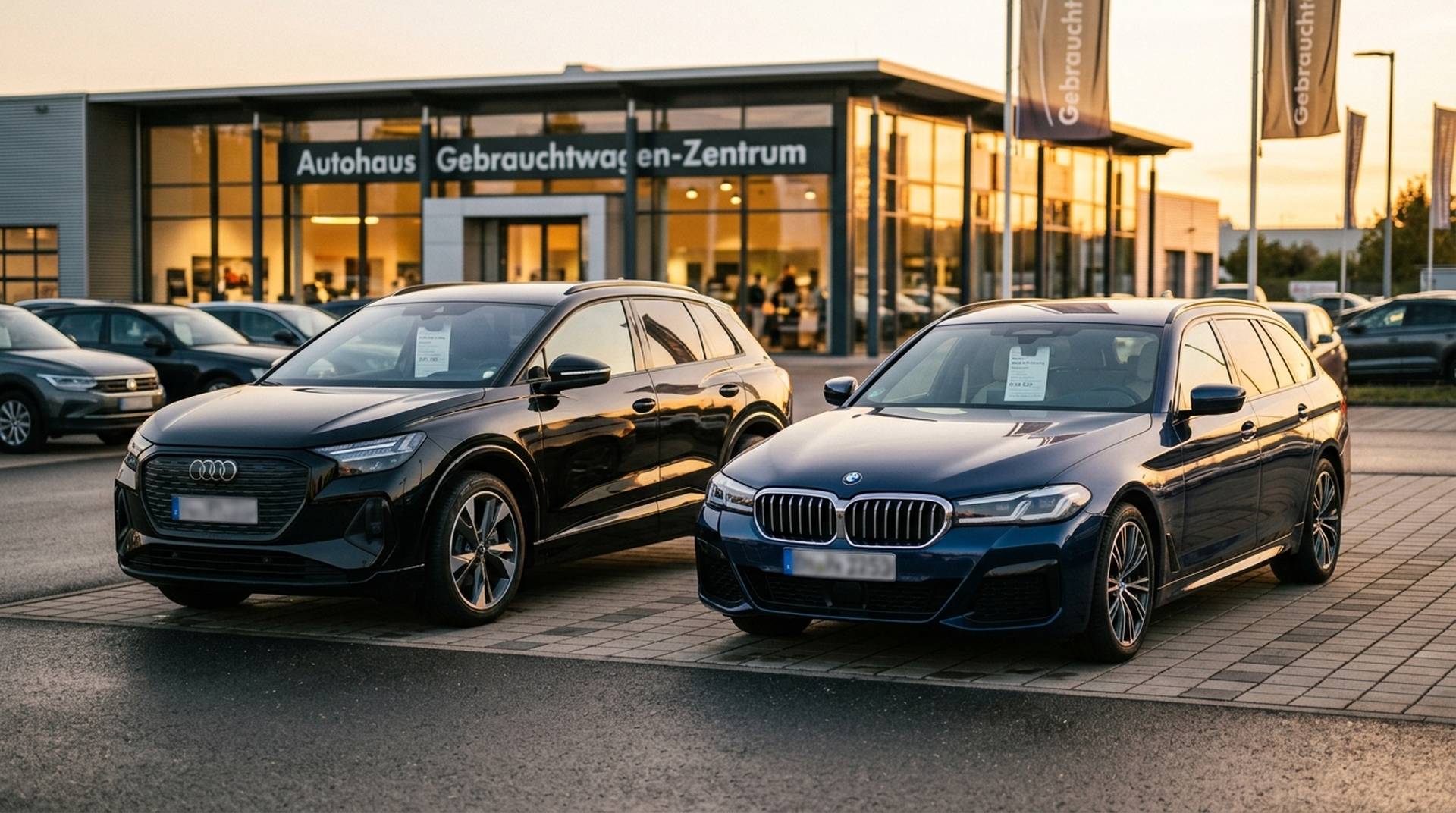 Elektroautos und moderne Benzin-Fahrzeuge auf einem deutschen Autohaus-Gebrauchtwagenplatz im Wertverlust-Vergleich