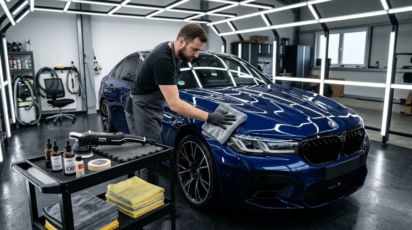 Professionelle Fahrzeugpflege und Lackaufbereitung in einer Kfz-Werkstatt