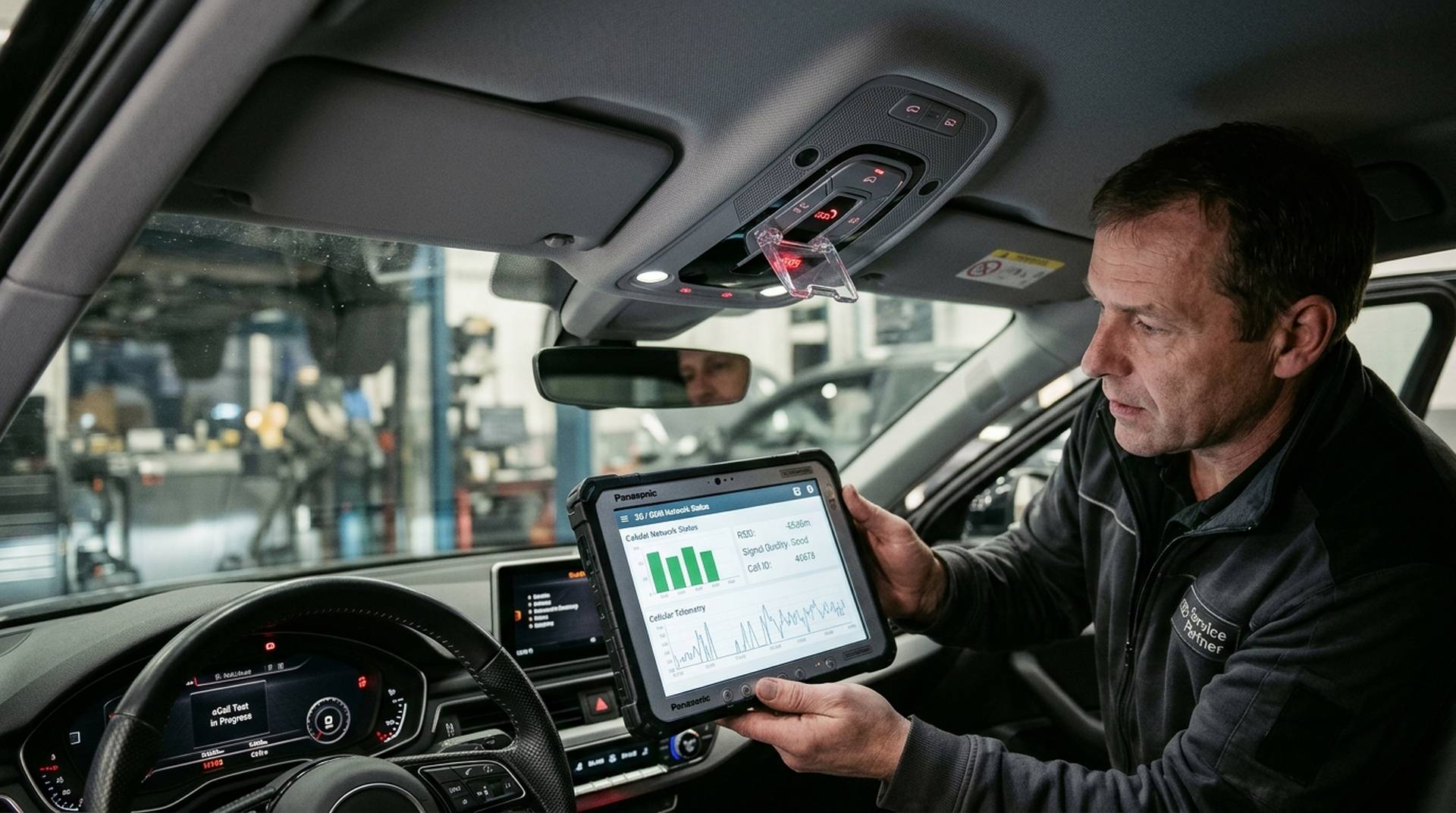 Notruf-Taste eCall SOS in der Dachkonsole und Diagnosegerät zur Prüfung der 2G-Netzanbindung