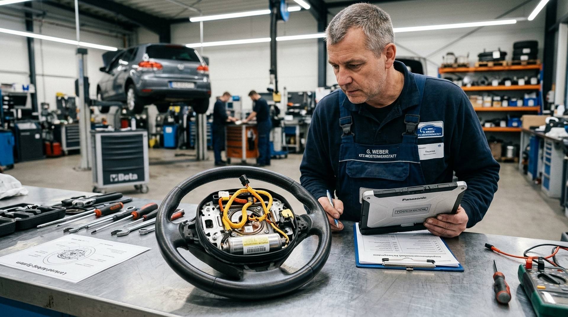 Demontiertes Lenkrad mit geöffnetem Airbag-Modul in einer Kfz-Werkstatt bei der Takata-Sicherheitsprüfung