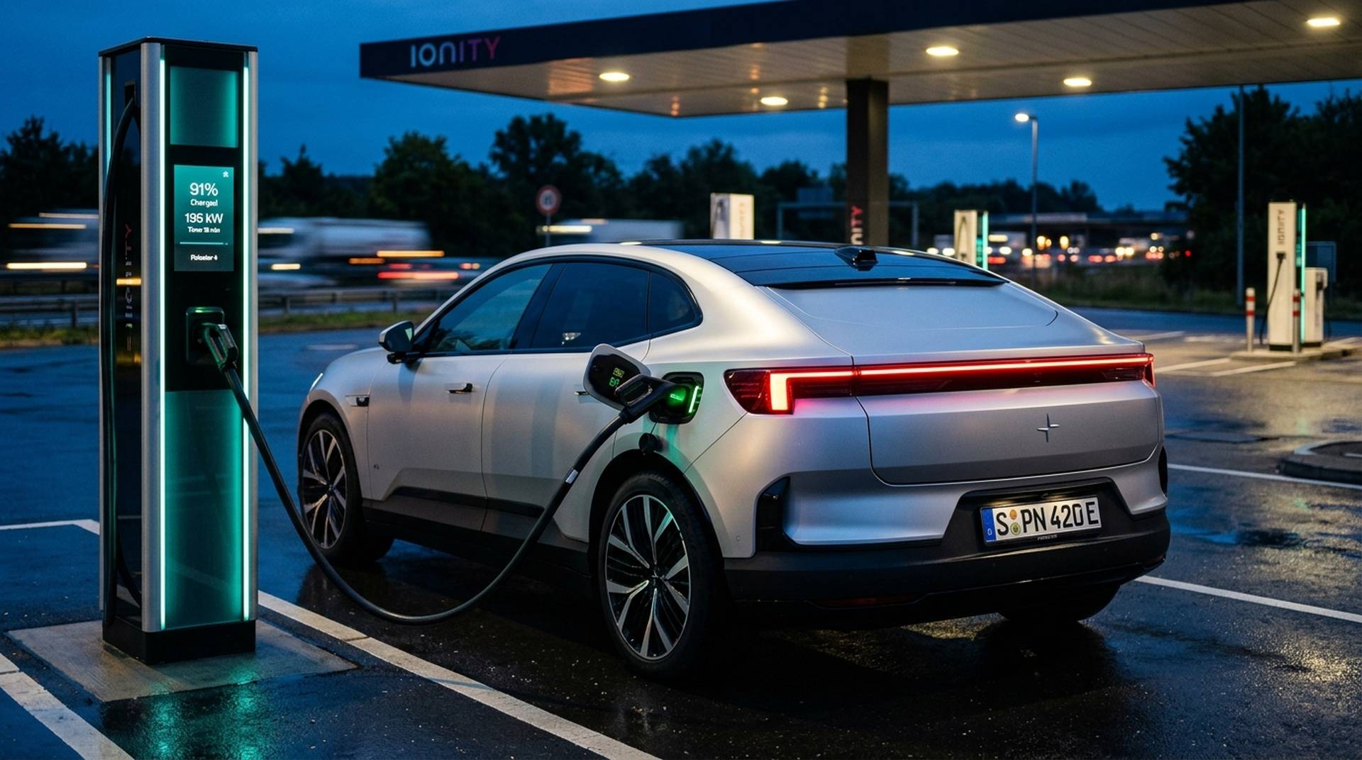 Polestar 4 lädt an einer modernen Ionity-Schnellladestation an der Autobahn