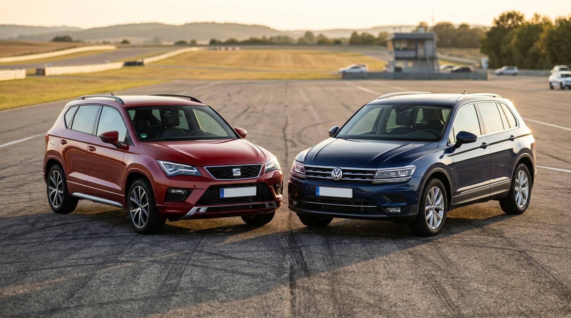 Seat Ateca und VW Tiguan II nebeneinander im direkten Vergleich auf dem Testgelände