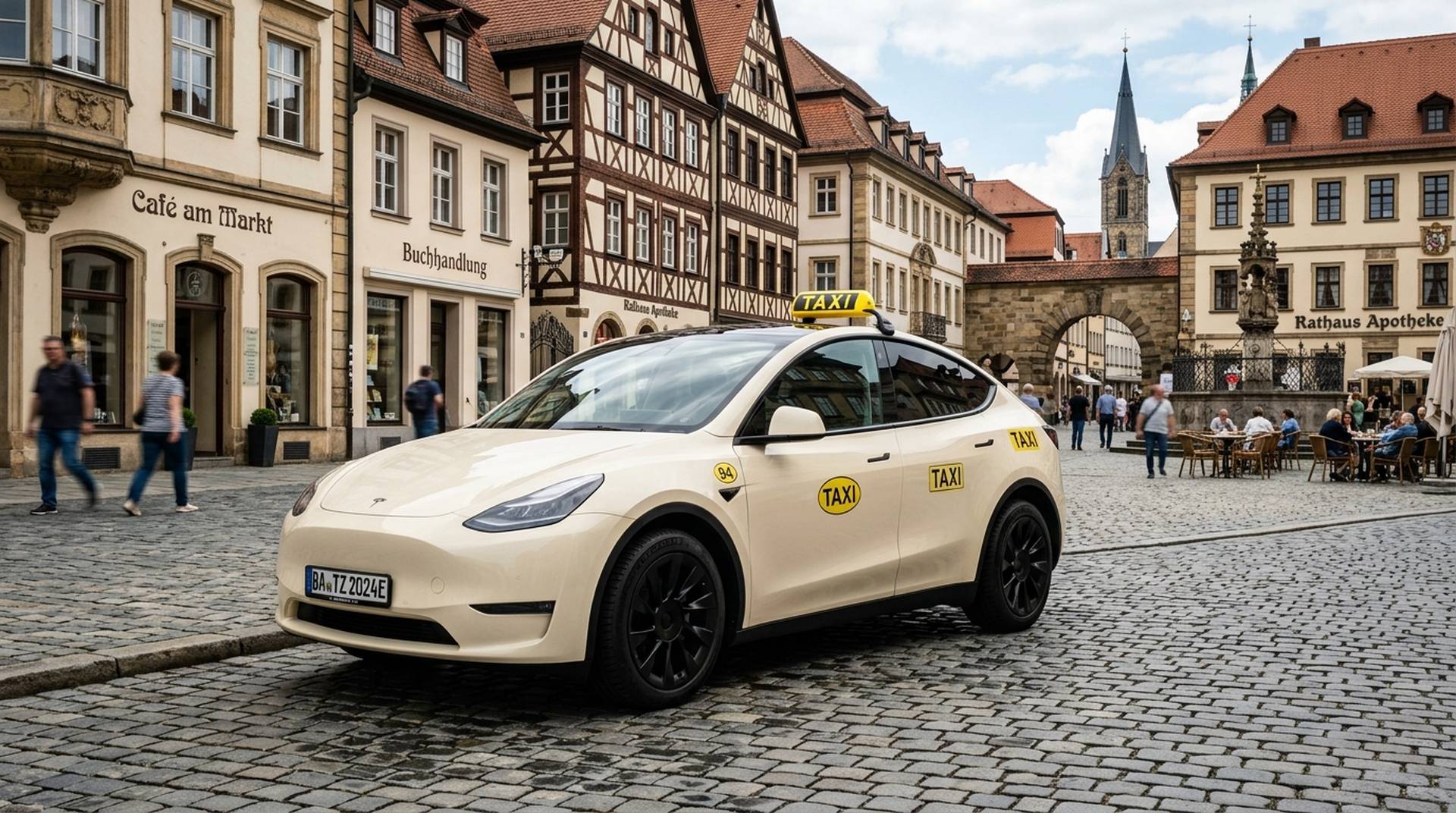 Tesla Model Y in hellelfenbeinfarbener Taxi-Folierung mit Dachzeichen auf deutschem Marktplatz
