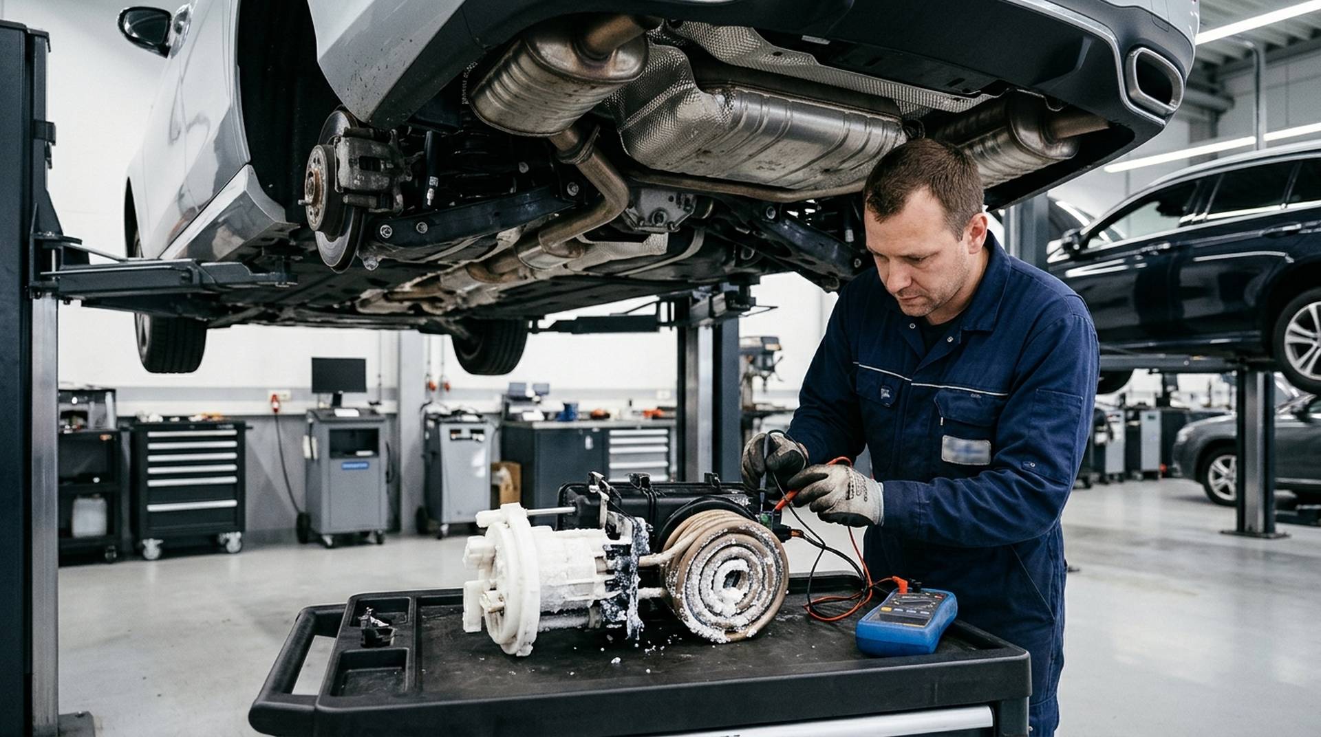 Inspektion der kristallisierten AdBlue-Tankheizung und Fördereinheit im Dieselservice