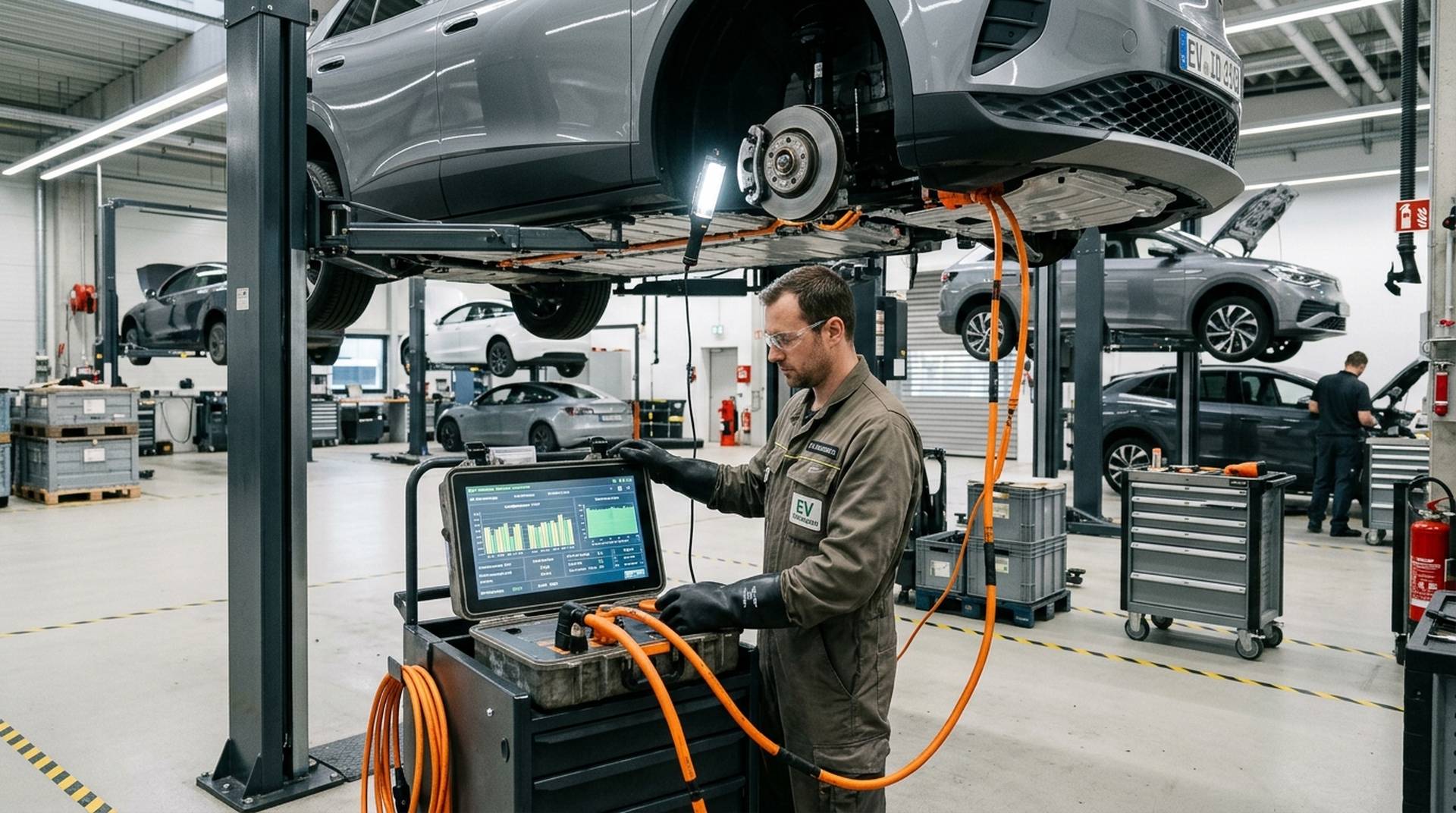 Elektrofahrzeug auf der Hebebühne mit Hochvolt-Diagnosegerät zur Prüfung der Batteriezellen