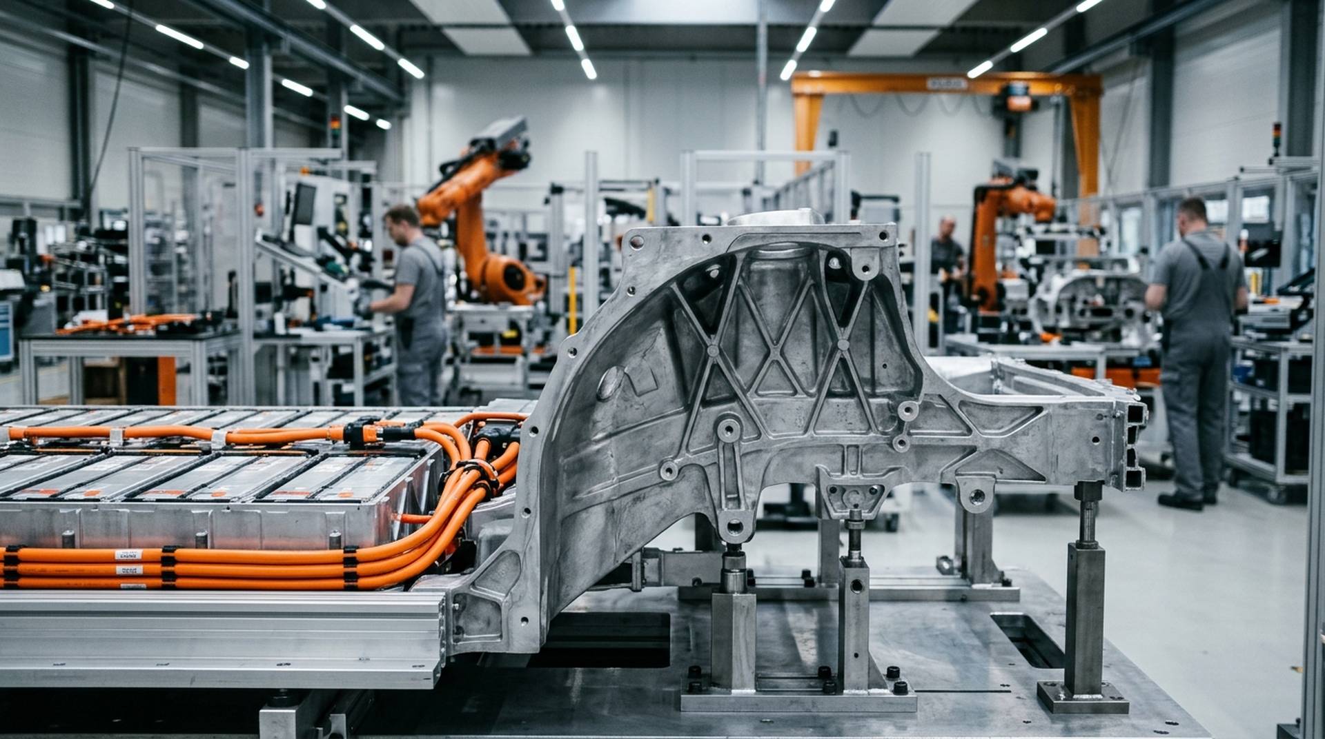 Großes Aluminium-Megacasting-Karosserieteil der neuen Volvo 800-Volt-Plattform SPA3 im Werk